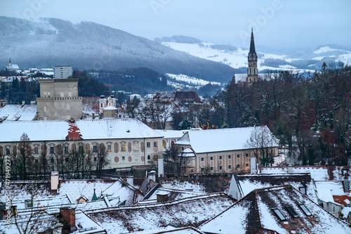 city view of steyr in upper austria on a snowy day in november