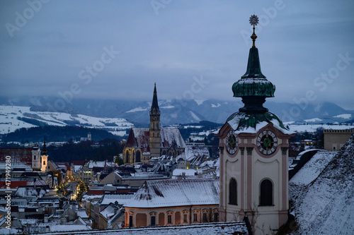 city view of steyr in upper austria on a snowy day in november