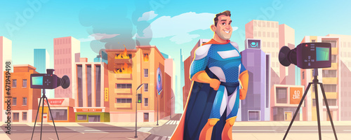 Superhero man giving interview on video camera at cityscape with burning building. Comic super hero character wear costume and cape, rescuer, city defender personage, Cartoon vector illustration