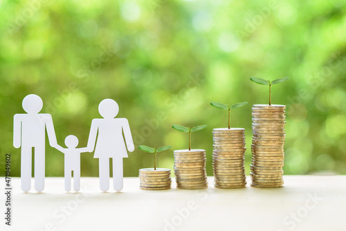 Family or child trust fund / fundraising concept : Family members, sprouts on coins on a table, depicts grantor establishes a trust fund to provide financial security to an individual e.g grandchild photo