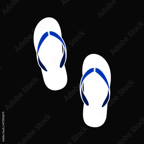 vector. blue and white stripes sandals walk on sandy beach on a black background