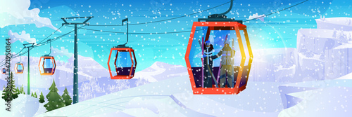 people sitting on chairlifts ski resort cableway in snowy mountains christmas new year holidays celebration winter vacation