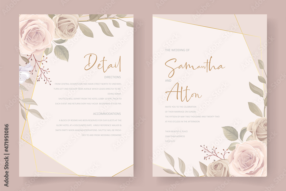 Beautiful hand drawn roses wedding invitation card set