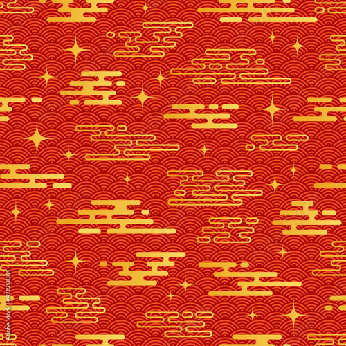 Chinese vintage cloud seamless pattern. Red background with golden sky and stars. Traditional oriental ornament. Vector