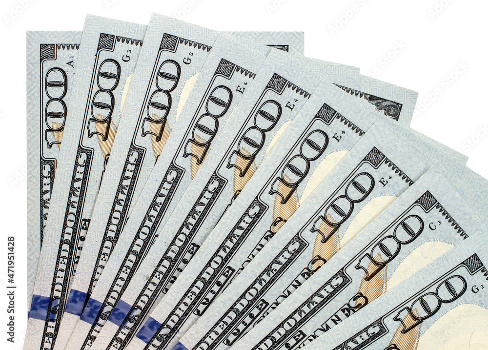 Image of part of the one hundred dollar banknotes on a white background. Image of part of the one hundred dollar banknotes on a white background.
