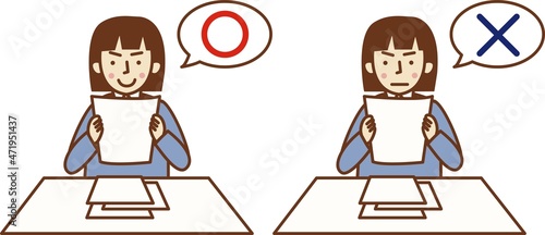 書類を持ち、「⚪︎」という女性と「×」という女性のセットイラスト。