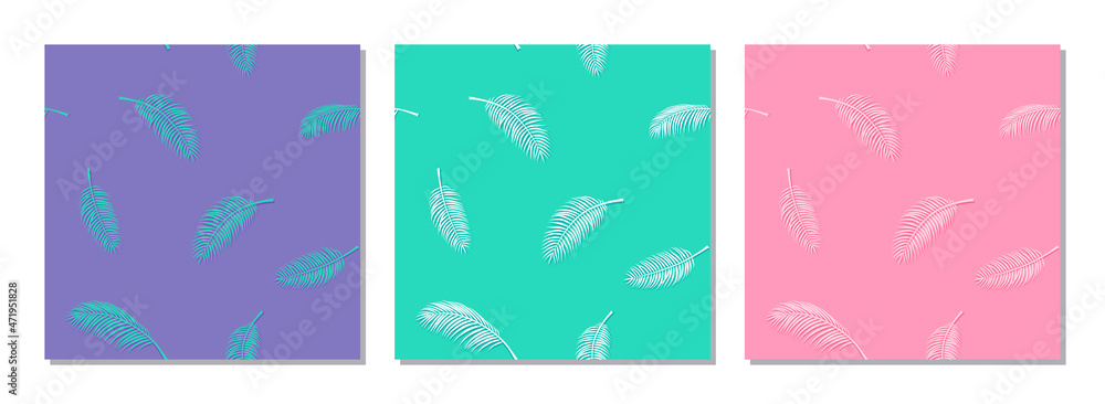 A set of patterns with palm branches. Purple, turquoise and pink background