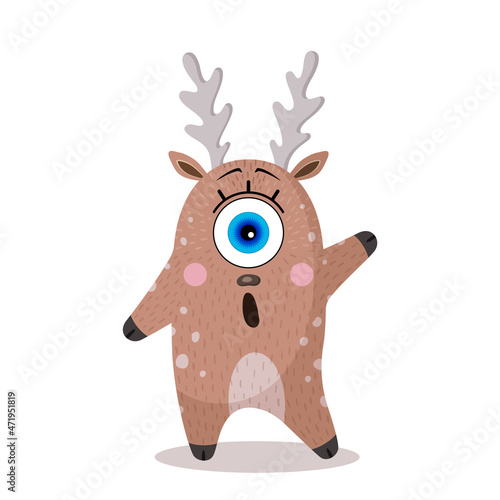Surprised deer on a white background. One-eyed character
