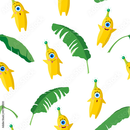 Pattern with banana character and leaves on white background