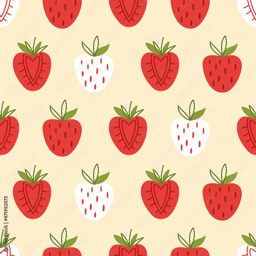 Seamless pattern with strawberries. Simple vector flat illustration with red berries on a beige background Seamless pattern with strawberries. Simple vector flat illustration with red berries on a beige background