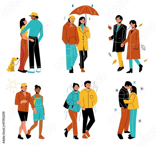 Different weather walking. Happy couple walks in clothes for different seasons, various times of year outfits, spring and summer, winter and autumn outdoor activity. Vector isolated set