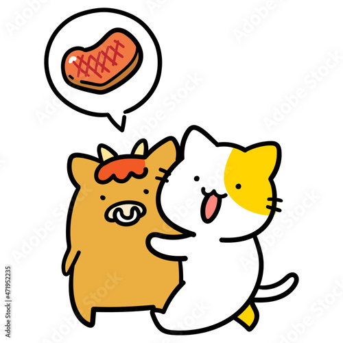 牛肉になるウシを育てるかわいいねこの手書き風イラスト