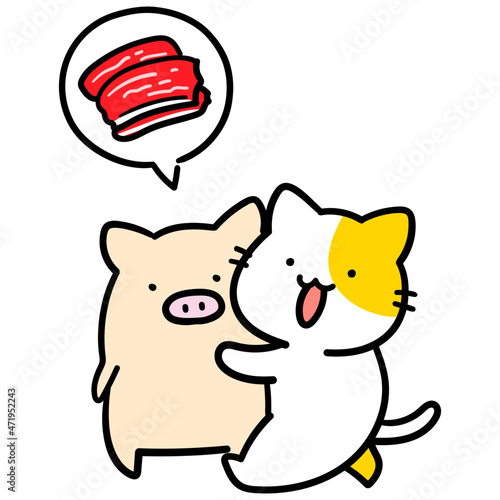 豚肉になるブタを育てるかわいいねこの手書き風イラスト