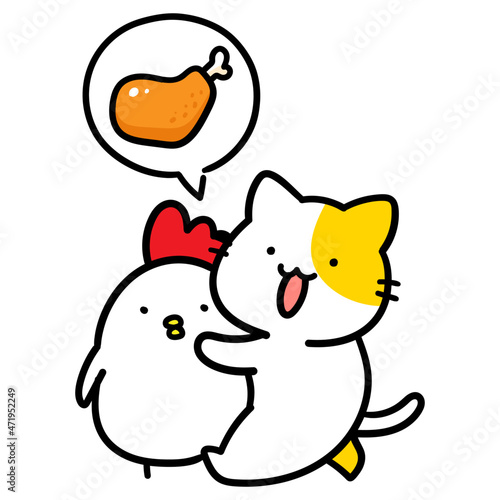 鶏肉になるニワトリを育てるかわいいねこの手書き風イラスト