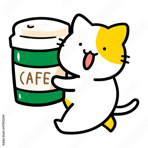 コーヒーをテイクアウトするかわいいねこの手書き風イラスト