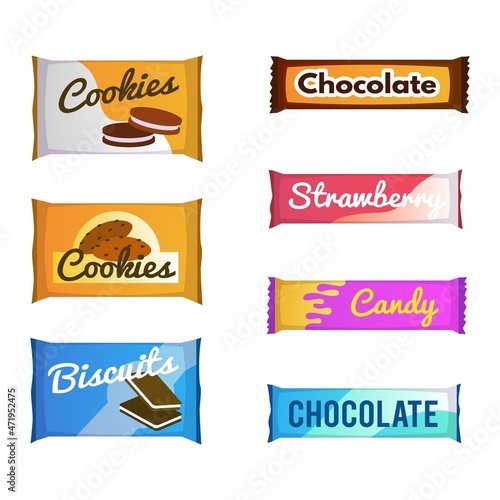 Vending products. Snack package. Fast food packs. Chocolate and biscuit. Isolated packaging for cookie or candy. Cracker packet. Unhealthy meal. Sweets wrapper. Vector dessert sachets set