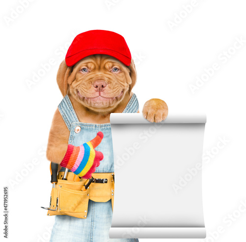 Funny puppy wearing red cap and  overalls with tool belt shows empty list and thumbs up gesture. Isolated on white background