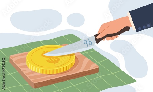 Deduction tax or debt. Hand cutting off piece with knife. Payment of loan interest. Budget reduction. Person slicing coin. Banking commission percent. Financial obligation. Vector concept