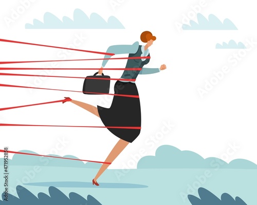 Difficulties in business or career. Woman tangled in ropes. Professional growth obstacles and failures. Threads blocked movement. Worker tied with cords. Vector businesswoman failed