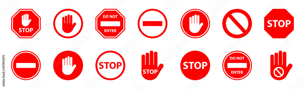 Stop signs collection in red. Simple red stop road sign with big hand symbol or icon vector illustration. Stop signs collection in red. Simple red stop road sign with big hand symbol or icon vector illustration.