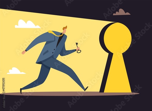 Entrance and exit. New opportunities. Tiny man hurrying to keyhole with key. Person running to open door. Businessman searching success and achievements. Future chances. Vector concept