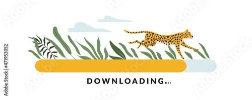 Fast downloading. High-speed loading. Running cheetah. Waiting for website upload. Digital reboot line. Computer interface with load progress indicator and funny animal. Vector concept