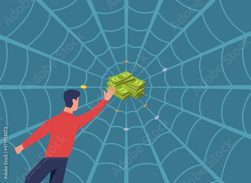 Financial business traps. Heap of banknotes in cobwebs. Man catched in spider web. Pitfall with bait. Money fraud. Commercial trick. Businessman greed and covetousness. Vector concept