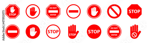 Stop signs collection in red. Simple red stop road sign with big hand symbol or icon vector illustration.