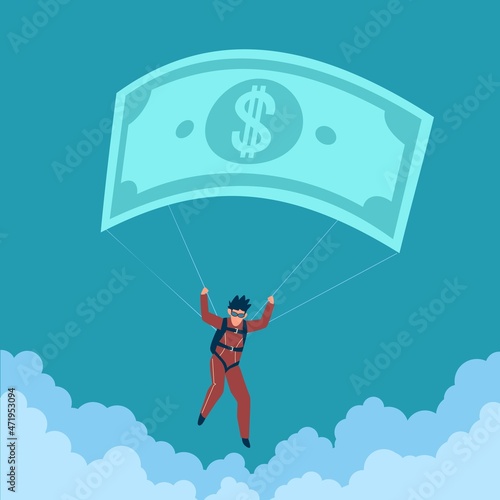 Financial parachute. Money allowance. Investment protection and insurance. Man skydiving and falling down. Person flying in sky. Protect deposits and income in crisis. Vector concept