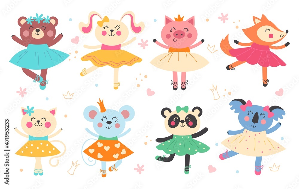 Ballet animals. Cute ballerinas characters. Funny dancers in delicate airy dresses. Cartoon bunny and kitten. Pig girls and rabbits dance. Pretty panda posing. Vector kids fairies set