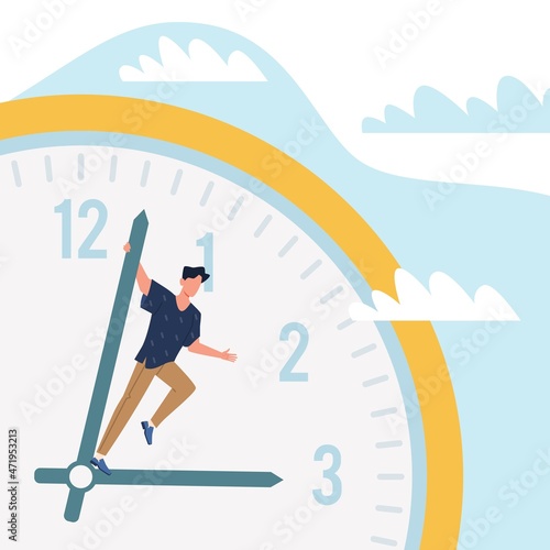 Impatience and haste. Time management. Man riding on timepiece dial arrow. Planning deadlines and appointments. Punctual person. Watch face with hour and minute hands. Vector concept