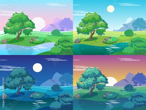 Different day times landscape. Morning and evening meadow with tree, lake and bushes. Soothing natural backgrounds. Sunrise and sunset scenery. Vector night or afternoon panorama set