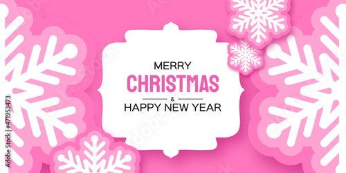 Sugar Pink Christmas snowflake applique in paper cut style. Cute Winter holidays. Merry Christmas and Happy New Year. Frame Space for text.