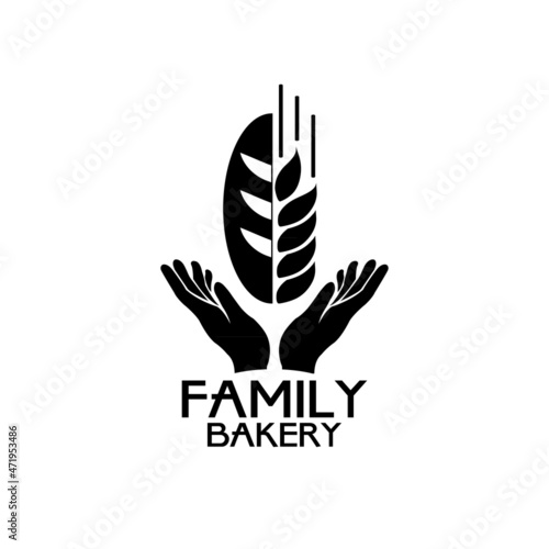 Bread and spikelet in hands icon for  bakery family business. Creative design. Logo Template photo