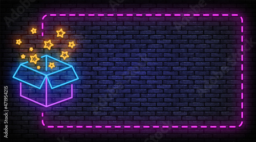 Delight present, surprise neon sign vector. Birthday celebration, special give away package design template neon frame. Night bright advertising, bright sign. Vector illustration