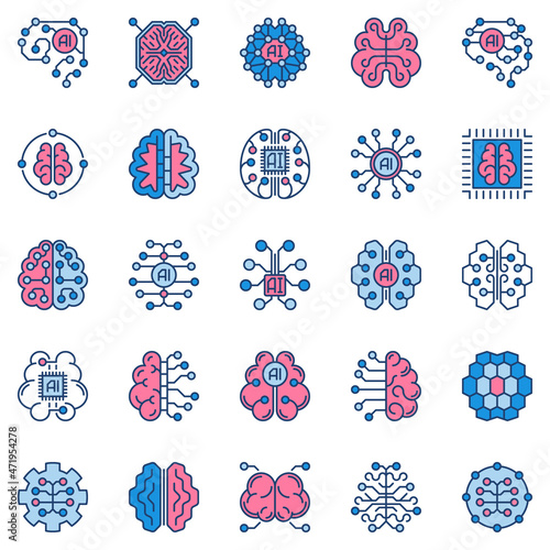 Artificial Intelligence Brain colored icons. Vector AI Cyberbrain signs