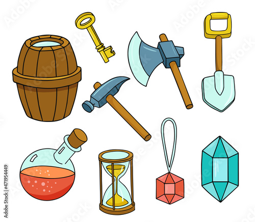 Set of Cartoon game elements on white background. Vector barrel, golden key, hammer, axe, shovel, magic elixir in a round glass bottle, hourglass