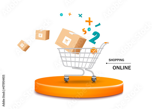 Number of orders and parcel boxes floating in the shopping cart and all on the orange circle pedestal for delivery and online shopping concept,vector 3d isolated on white background for advertising