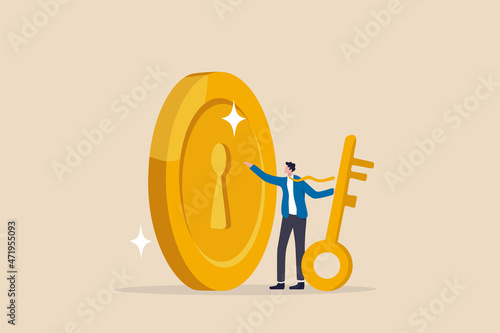 Financial key success, unlock secret reward for investment opportunity, wealth solution to make money and gain profit concept, smart businessman investor holding huge golden key to unlock coin keyhole photo