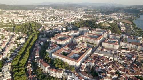 Coimbra University campus overlooking city cityscape. Aerial view