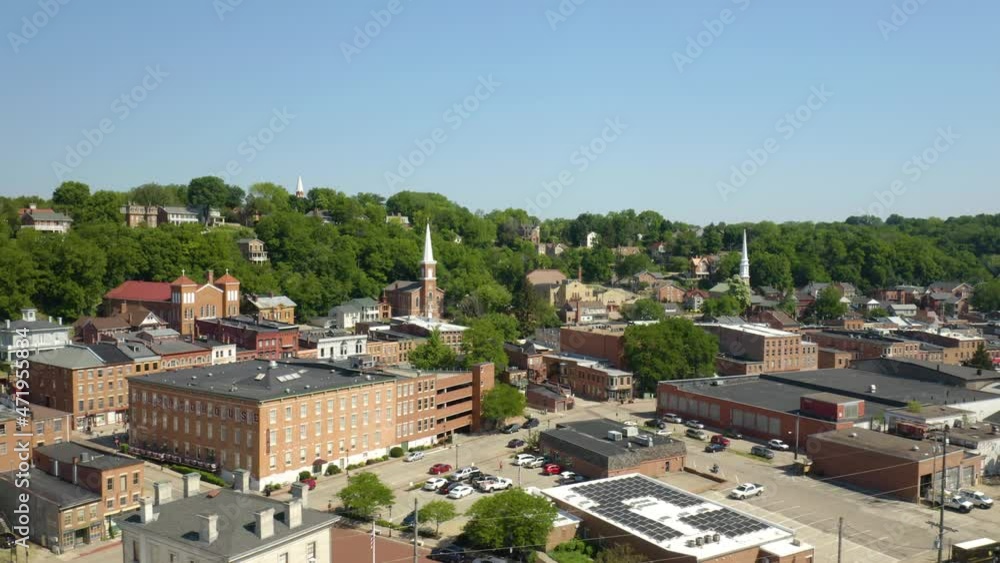 Drone Flies Away from Downtown Galena, Illinois in Summer Drone Flies Away from Downtown Galena, Illinois in Summer