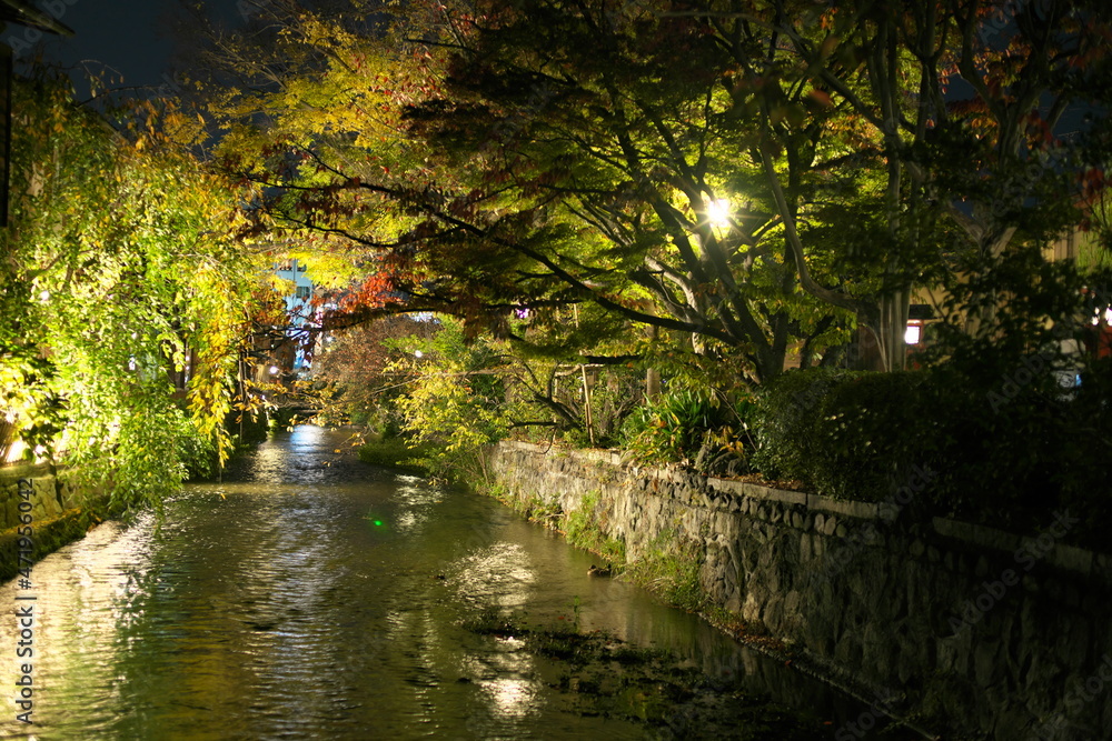 Kyoto,Japan - November 16, 2021: View of Shirakawa river from Tatsumi bridge at Gion, Kyoto, Japan
