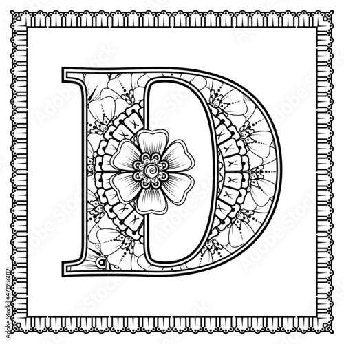 Letter D made of flowers in mehndi style. coloring book page. outline hand-draw vector illustration.