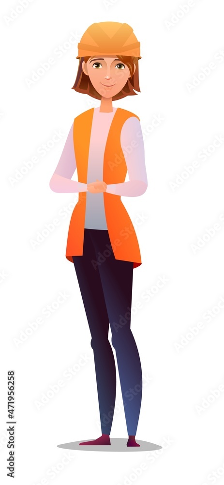 Woman builder in vest and protective helmet. Girl worker. Cheerful person. Standing pose. Cartoon comic style flat design. Single character. Illustration isolated on white background. Vector
