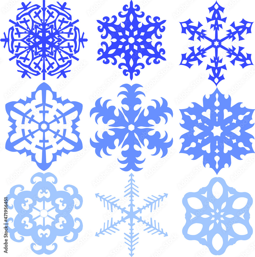 Set set of 9 (nine) snowflakes. Winter flat vector decorations elements. Set set of 9 (nine) snowflakes. Winter flat vector decorations elements.