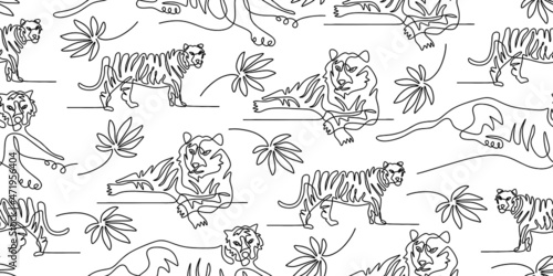 Continuous one line of tiger isolated on seamless pattern and white background.