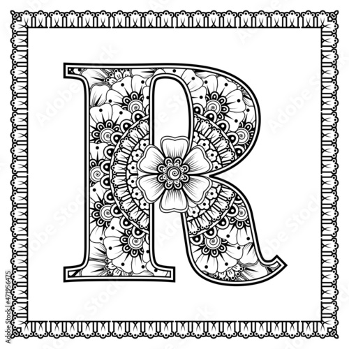 Letter R made of flowers in mehndi style. coloring book page. outline hand-draw vector illustration.