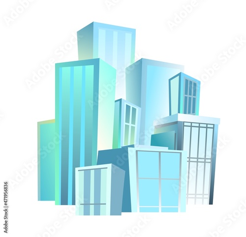 Big city from afar. Skyscrapers and large buildings. Cartoon flat style illustration. Blue city landscape Cityscape. Isolated on white background. Vector.