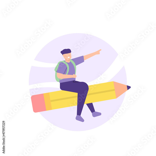 illustration of a student riding a flying pencil. back to school concept. go to school. education. flat cartoon style. vector design