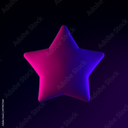 Neon star icon in cartoon style. 3d rendering ui ux interface element. Dark glowing symbol.